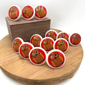 Owl vintage draw pulls knobs porcelain ceramic red orange black set of 13 made i